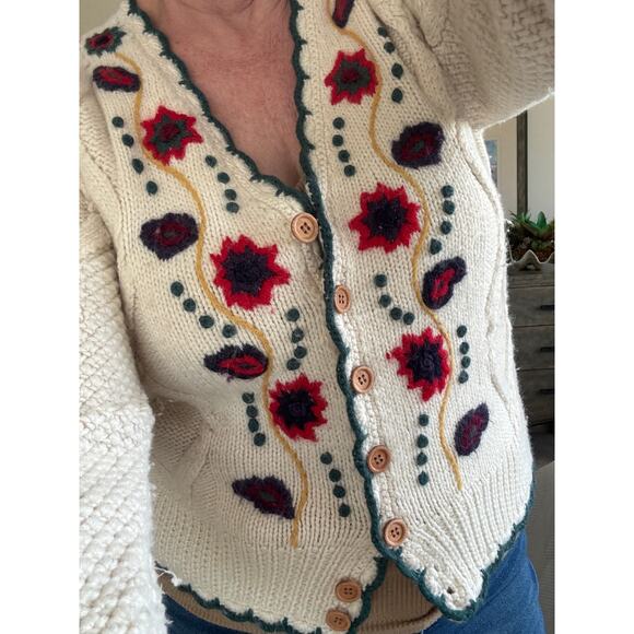 Alba Moda Wool Troylean VTG Floral Embroidered Cardigan Wood Buttons M Austrian - Picture 1 of 13